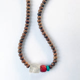 Bead Neck #201: Sandalwood 5mm w/Sil- Quartz Antique, Coral & TQF