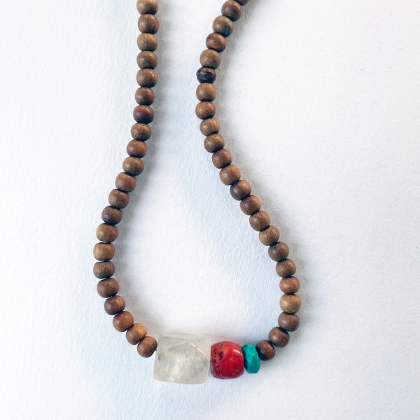 Bead Neck #201: Sandalwood 5mm w/Sil- Quartz Antique, Coral & TQF