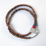 Bead Neck #201: Sandalwood 5mm w/Sil- Quartz Antique, Coral & TQF