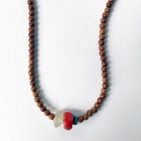 Bead Neck #201: Sandalwood 5mm w/Silver, Quartz, Tibetan Coral & Faceted TQ