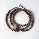 Bead Neck #201: Sandalwood 5mm w/Silver, Quartz, Tibetan Coral & Faceted TQ
