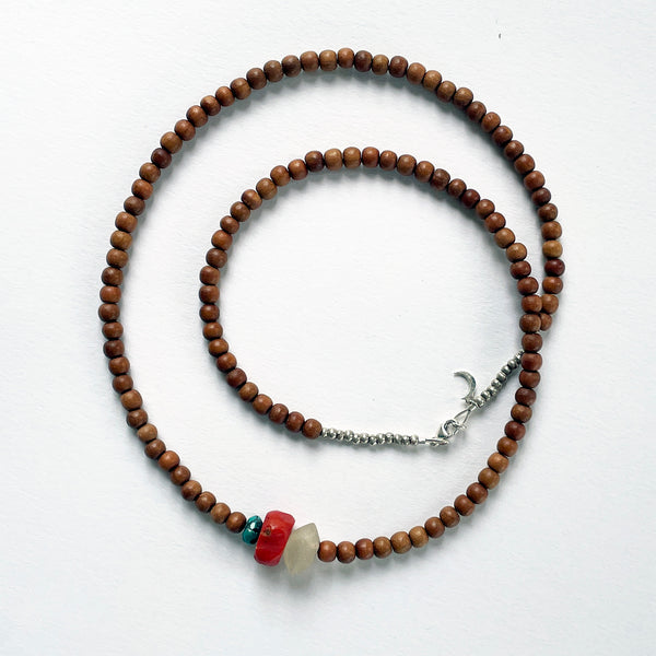 Bead Neck #201: Sandalwood 5mm w/Silver, Quartz, Tibetan Coral & Faceted TQ