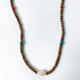Bead Neck #205: Sandalwood 5mm w/Silver, Turquoise, Tibetan Coral & Quartz