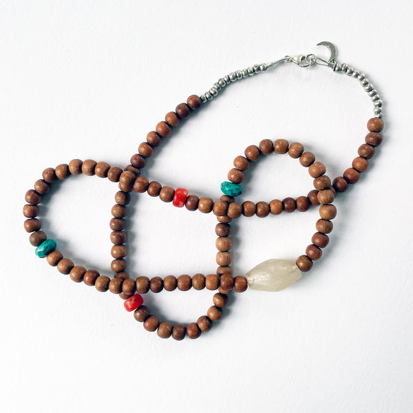 Bead Neck #205: Sandalwood 5mm w/Silver, Turquoise, Tibetan Coral & Quartz