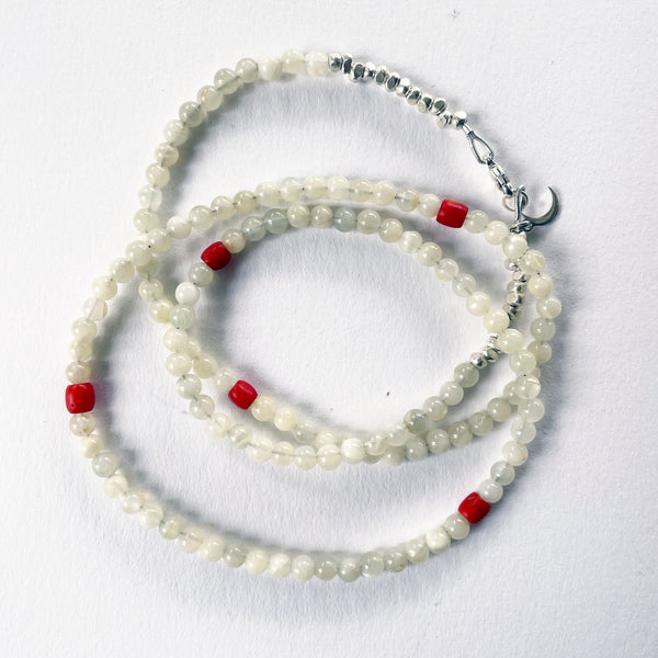 Bead Neck #405: White Moonstone w/Sil- Tibetan Coral