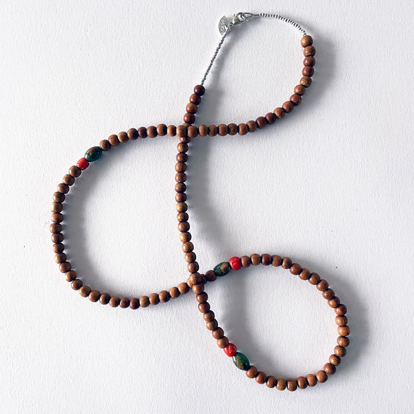 Bead Neck #503: Sandalwood w/Sil- Turquoise Barrel & Tibetan Coral