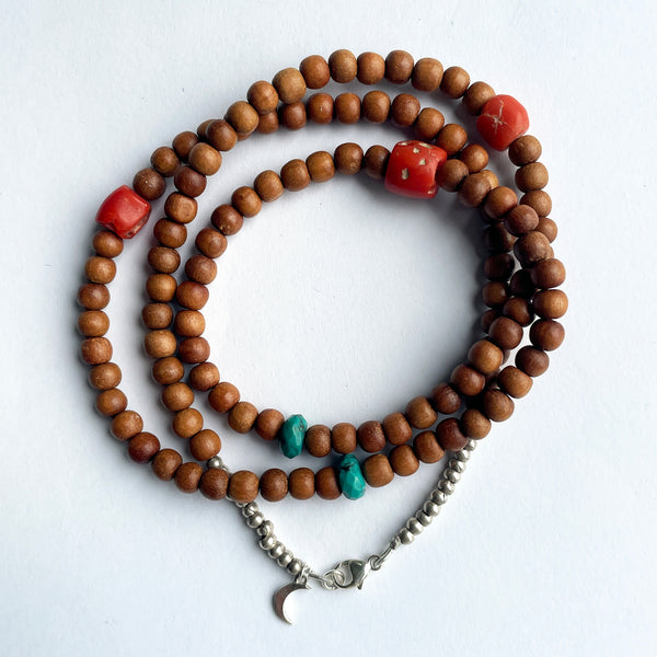 Bead Neck: Sandalwood 5mm w/Silver, Turquoise & Tibetan Coral