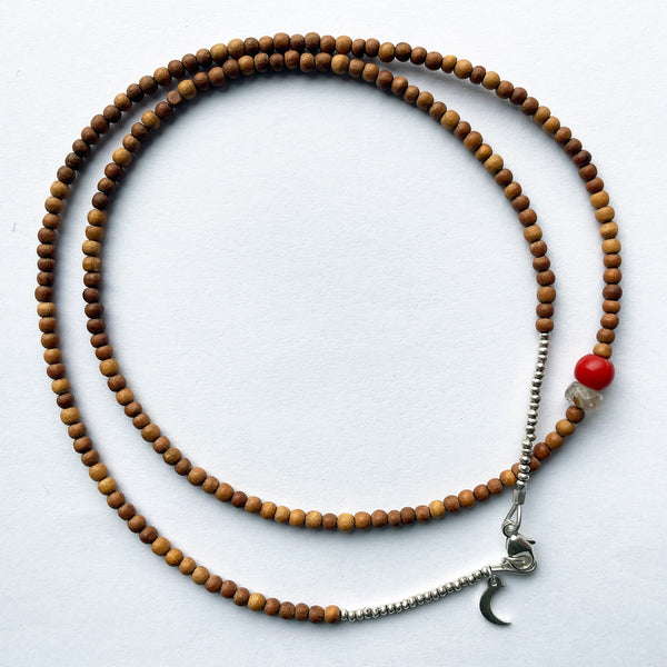 Bead Neck: Sandalwood 3mm w/Silver, Tibetan Coral & Quartz
