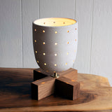 Lantern Rnd Grid: White w/ X Wood Base