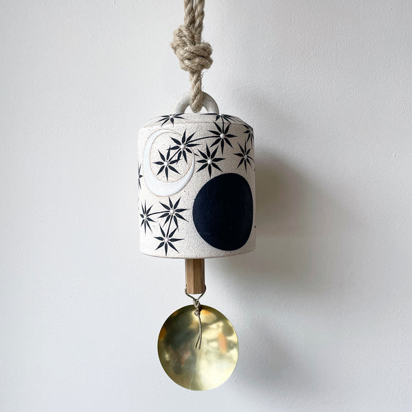 Thrown Bell Wide: Sun Moon Stars Indigo w/ Brass Disc